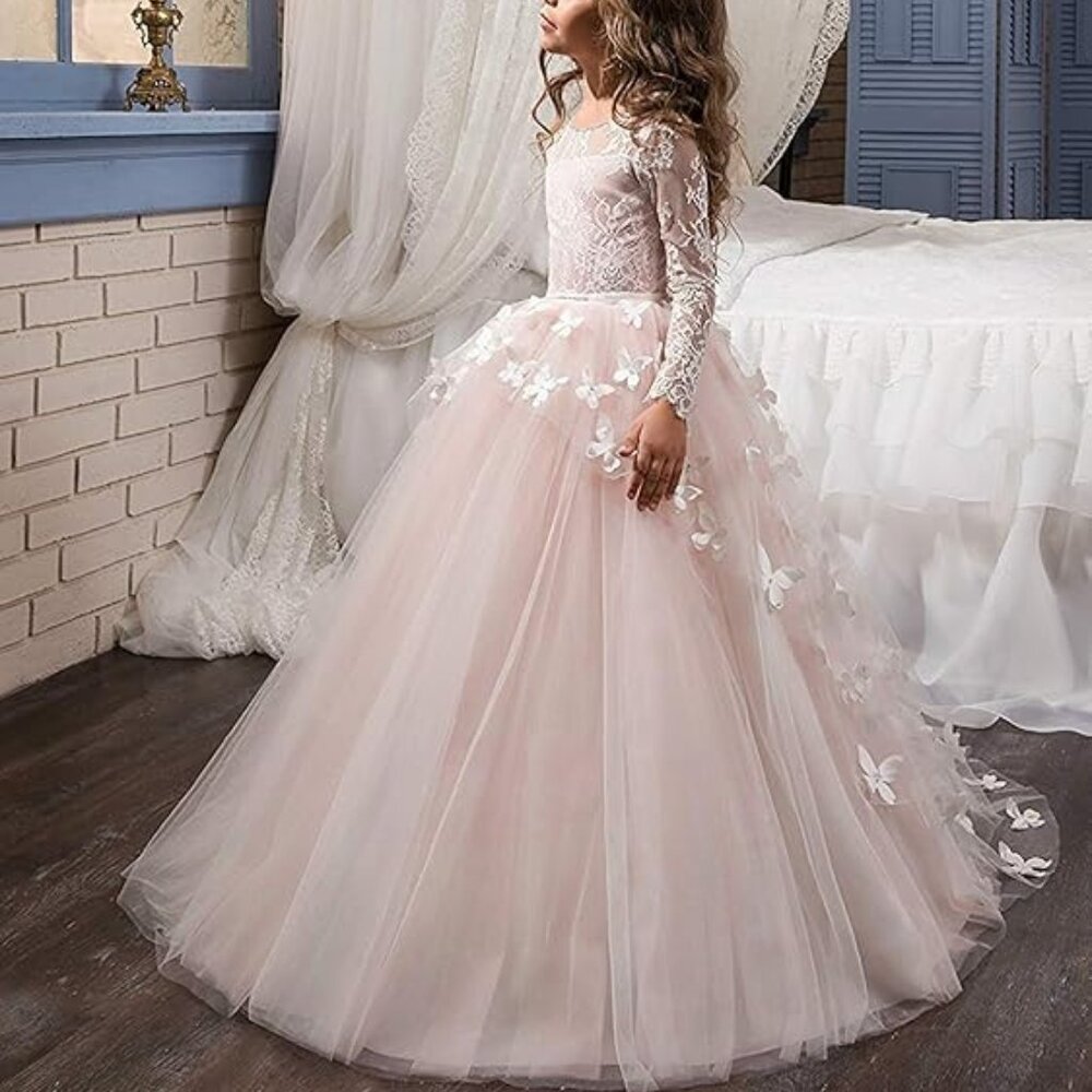 NWOT Lovely Flower Girl Dress Lace Long Sleeve Gown Pink, Size 2